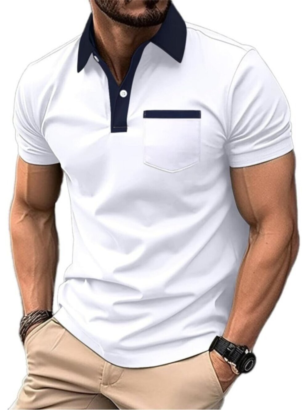 〽️Men's 1 White Casual Polo Shirts Classic Short Sleeve Fashion Button Pocket